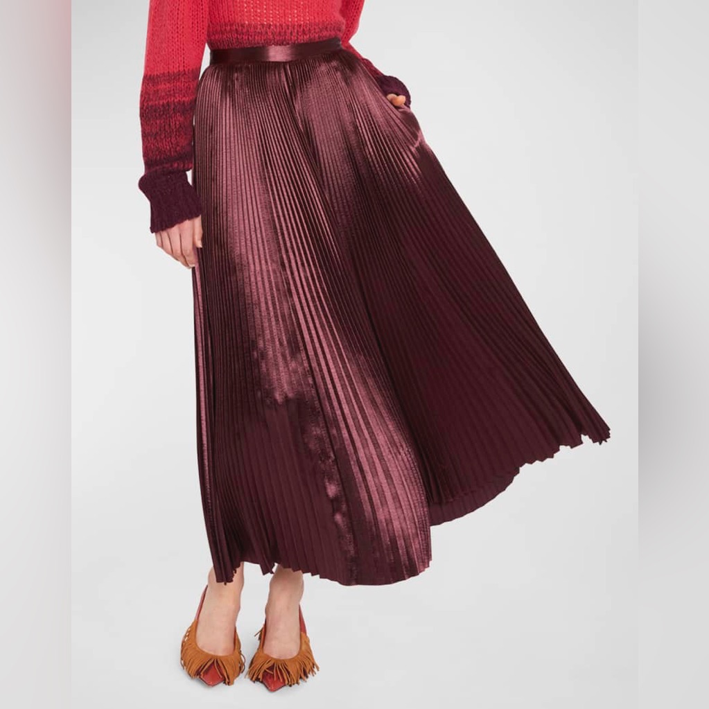 $490 Ulla Johnson Rami Shiny Pleated Floral Satin Midi Skirt Mahogany Red Brown